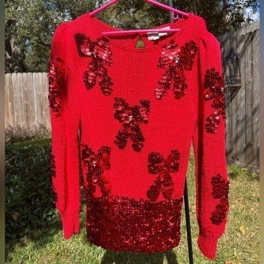 Vintage ▶️ Nannell ◀️ 80s Red Big Sequin Bow Sweater Size Medium